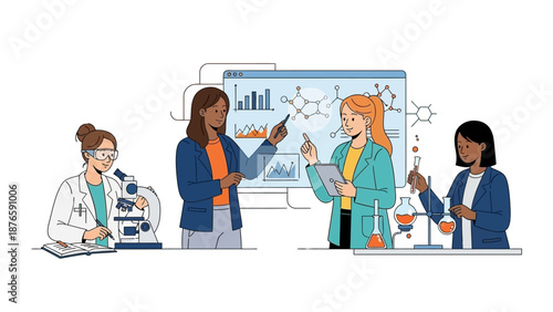 Diverse group of women in lab coats engaging in science education and corporate research on Women and Girls in Science Day with a presentation and experiments.