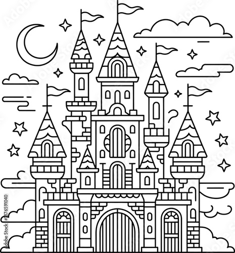 Black and white of a fantasy castle at night moon stars