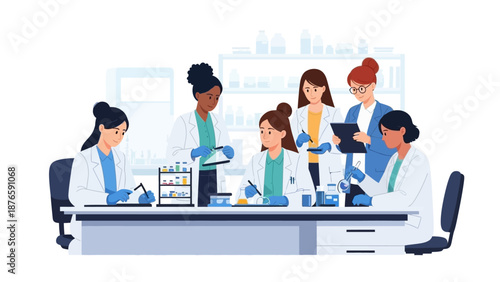 Diverse group of women in lab coats collaborating on a science project in a corporate laboratory setting on Women and Girls in Science Day for education and research.