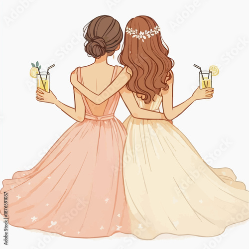 Ladies in gowns holding lemonade drinks 