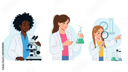 Three diverse young girls in lab coats engaged in science experiments with laboratory equipment on Women and Girls in Science Day.