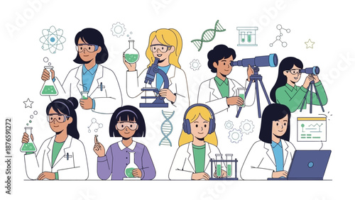 Illustration of diverse young women in lab coats engaged in various science activities with educational tools and symbols on a clean white background, conveying a corporate and educational