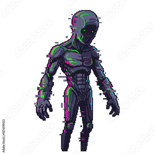 Pixelated Cybernetic Android with Glitch Effect, Representing Futuristic Technology and Digital Artistry