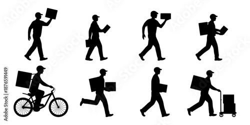 Delivery Courier Silhouettes with Packages for Logistics Shipping Transport Service and Fast Parcel Delivery Concepts. Vector illustration Set