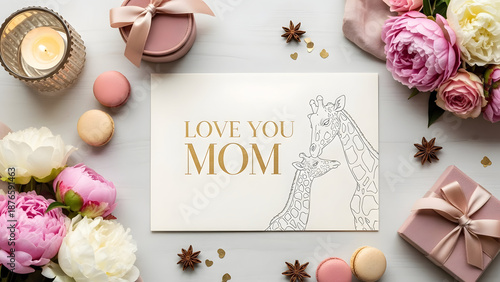 Love you Mom card with giraffes surrounded by gifts and flowers mother greeting mother's day