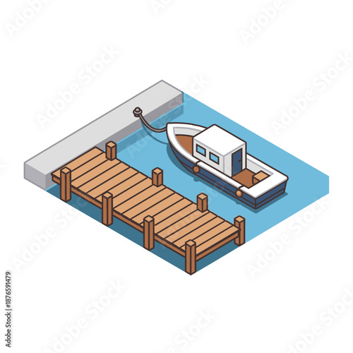 Isometric illustration of a boat docked at a wooden pier on a clear blue body of water