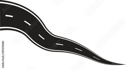 Winding Black Road with White Dashed Lines on White Background  