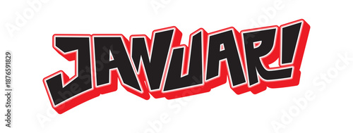 Modern slanted "JANUARI" typography with sharp terminals. Dynamic black vector lettering for professional presentations and contemporary monthly scheduling designs