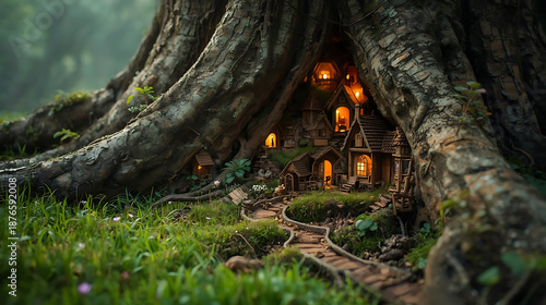 Enchanting Fairy Village Nestled Inside Ancient Tree, Miniature Houses with Glowing Windows, Whimsical Forest Setting, Magical Realm, Fantasy Dreamscape