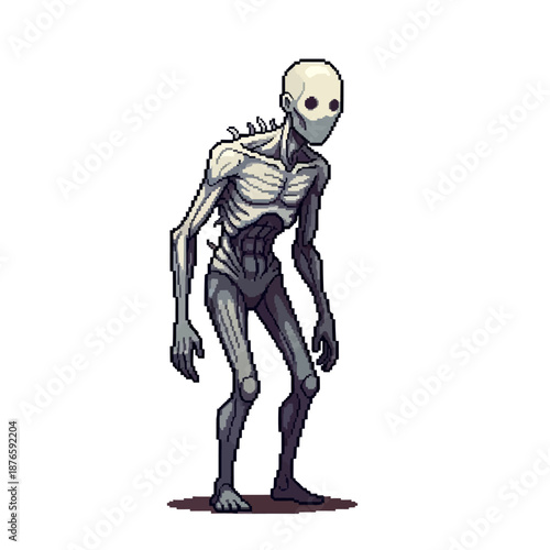 Pixel art illustration of a slender, pale creature with large, dark eyes, standing in a neutral pose, evoking a sense of mystery and unease