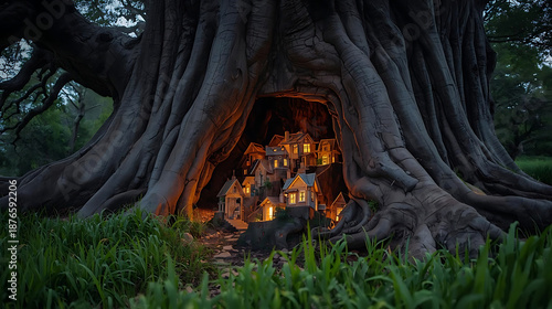 Enchanted Tree House Village: Cozy Homes Nestled Within Ancient Tree Roots, Illuminated by Warm Light, Fantasy Landscape, Whimsical Architecture,