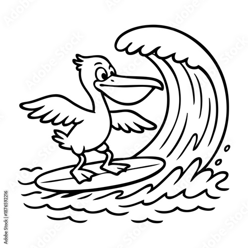 Logo club de surf. Dibujo sencillo con líneas de pelícano con alas abiertas en tabla de surf con olas