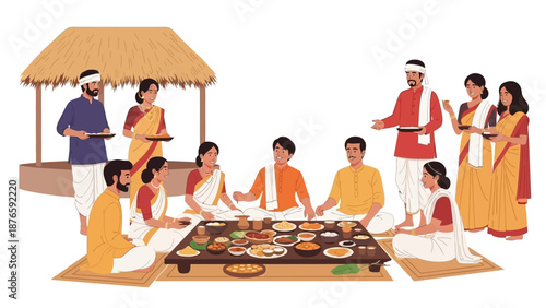 Vector illustration of a traditional Assamese harvest culture feast during Magh Bihu, with people gathered around a table of food under a thatched roof in India.