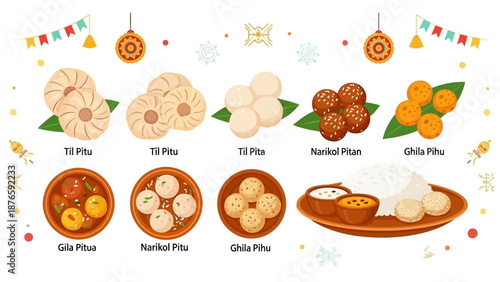 Vector illustration of traditional Assamese harvest culture sweets and dishes for Magh Bihu feast in India, with various sweetmeats and desserts arranged on plates and labeled in a