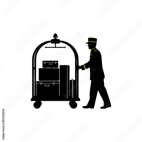 Silhouette of professional hotel porter carrying suitcase isolated on white background.