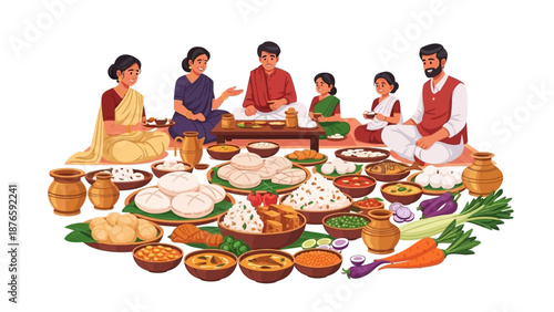 Traditional Assamese family celebrating Magh Bihu with a festive feast, surrounded by diverse dishes and ingredients on a white background, in a colorful vector illustration.