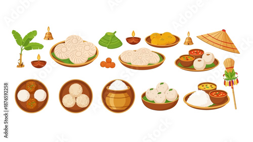 Vector illustration of traditional Assamese harvest culture feast for Magh Bihu, showcasing various Indian dishes and foods on plates and in bowls against a clean white background.