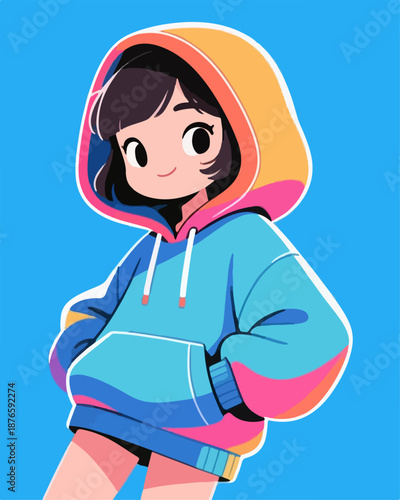 Cute Cartoon Girl Characters Wearing Hoodie and Sun Hat