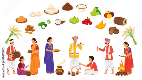 Vector illustration of people celebrating Magh Bihu with traditional Assamese harvest feast in India, featuring cultural foods and rituals in a vibrant and festive atmosphere.
