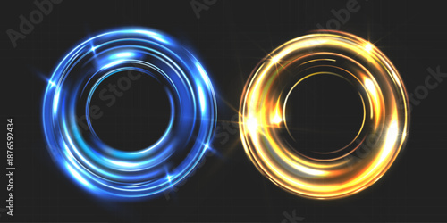 Two glowing light rings in blue and gold float on a dark background, creating a clean abstract energy effect with smooth circular motion and bright luminous highlights.
