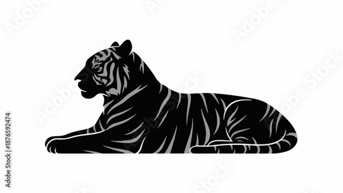 Majestic black tiger lying down, powerful and alert, depicted in a stylized silhouette.