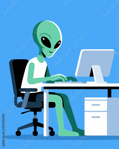 Alien Businessman Working on Computer in Modern Office Illustration