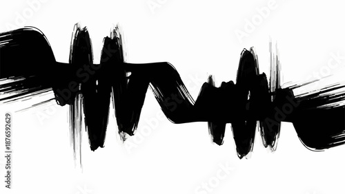 Abstract black ink brush stroke forming a waveform on white background