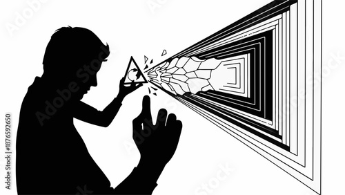 Man holding prism, refracting light into abstract geometric tunnel, symbolizing vision and perception.