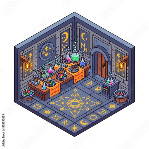 Fantasy Alchemy Laboratory filled with mysterious potions, glowing ingredients, and magical symbols on the floor and walls