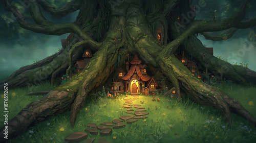 Enchanting Fairy Village Nestled in Ancient Tree Roots, Whimsical Homes with Glowing Windows, Fantasy Landscape with Stone Path and Lush