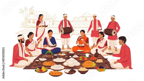Traditional Assamese people celebrating Magh Bihu harvest festival with a feast in India, vector illustration of a joyful cultural gathering with traditional food and clothing.