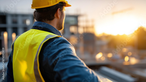 Faceless construction worker in safety vest observing building site at sunrise, dawn site inspection, morning construction supervision, defocused person watching, with copy space