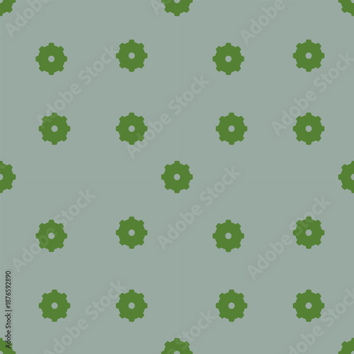 Green gear-like shapes evenly distributed on a light blue background form a seamless pattern. 