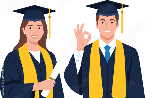 Happy male and female graduates in academic gowns holding diploma flat vector illustration isolated on white background
