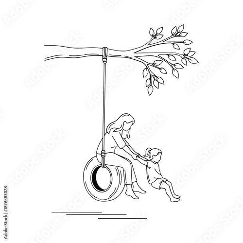 Vector Outline of Woman and Girl Playing Under a Tree Minimalist Graphics