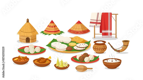 Traditional Assamese harvest celebration Magh Bihu with various food items and cultural elements in a colorful vector illustration.