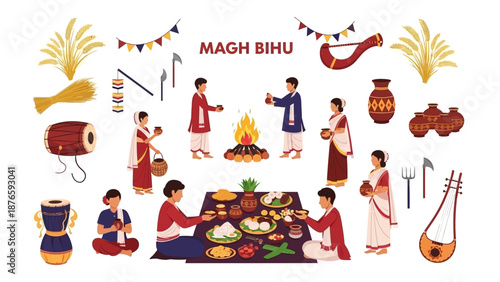 Vector illustration of Magh Bihu celebrations depicting Assamese harvest culture with people feasting and enjoying traditional Indian festivities.
