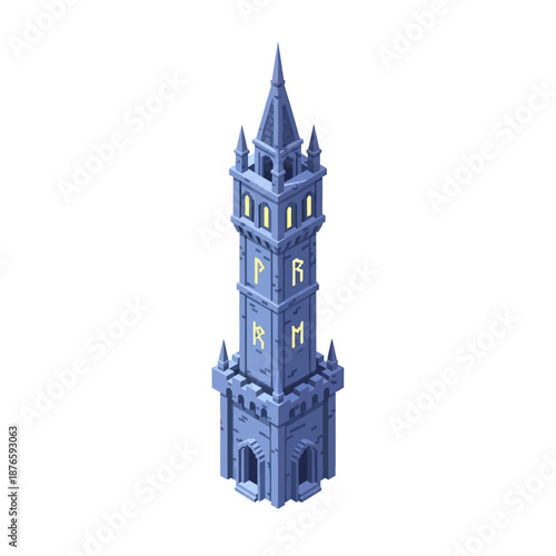 A medieval fantasy stone tower with illuminated runes, perfect for game assets or architectural illustration