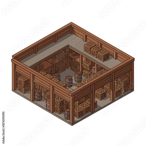 Isometric warehouse interior with wooden crates and barrels, a detailed architectural illustration of storage and inventory