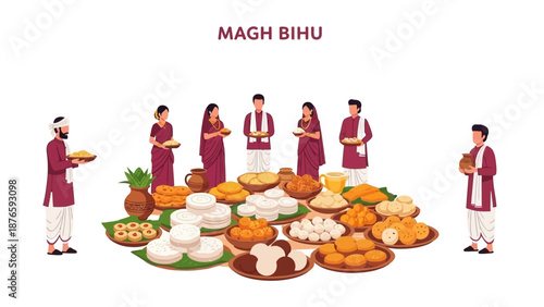 Vector illustration of a traditional Assamese harvest feast for Magh Bihu, with people in ethnic attire gathered around a variety of foods on platters, set against a clean white background.