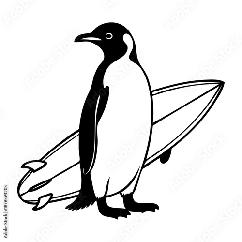 Logo club de surf. Dibujo sencillo con líneas de pingüino con tabla de surf bajo el ala