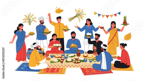 Traditional Assamese people celebrate Magh Bihu harvest festival with a feast on colorful mats in a vibrant illustration.