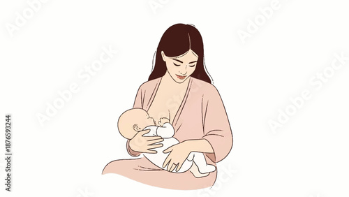 A serene chinese day scene of a mother gently breastfeeding her baby indoors with a soft pink robe