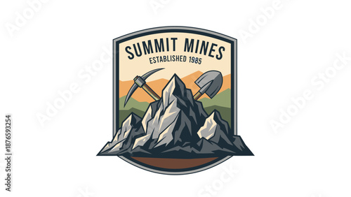 Summit Mines Logo with Mountains, Pickaxe, and Shovel.