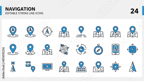Collection of blue navigation icons and symbols for location and travel