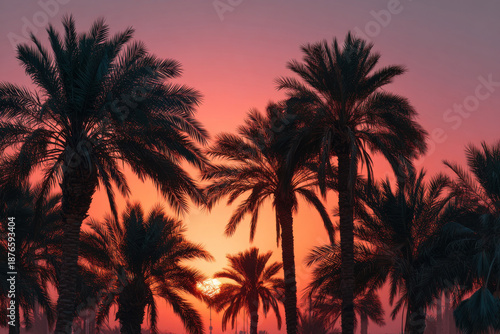 silhouettes of tropical palm trees against an orange sky