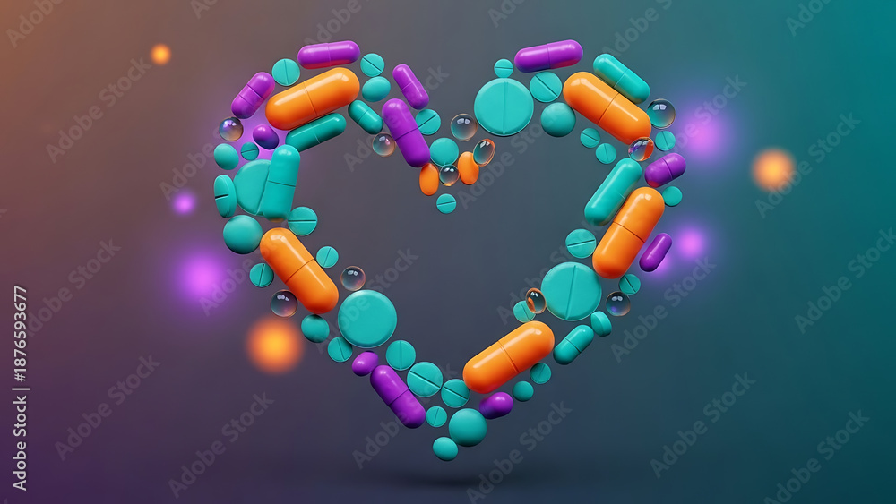 Obraz premium A 3D heart-shaped arrangement of pills and capsules on a gradient background