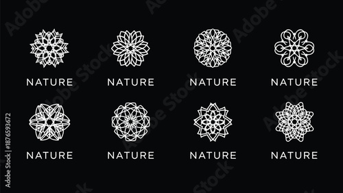 Intricate white floral patterns and the word nature on a dark background