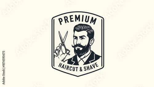 Vintage Barbershop Emblem with Bearded Man and Scissors for Premium Haircut and Shave.