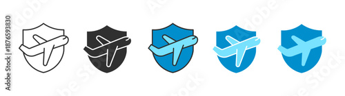flight shield icons. travel insurance and flight protection shield icon set in multiple styles